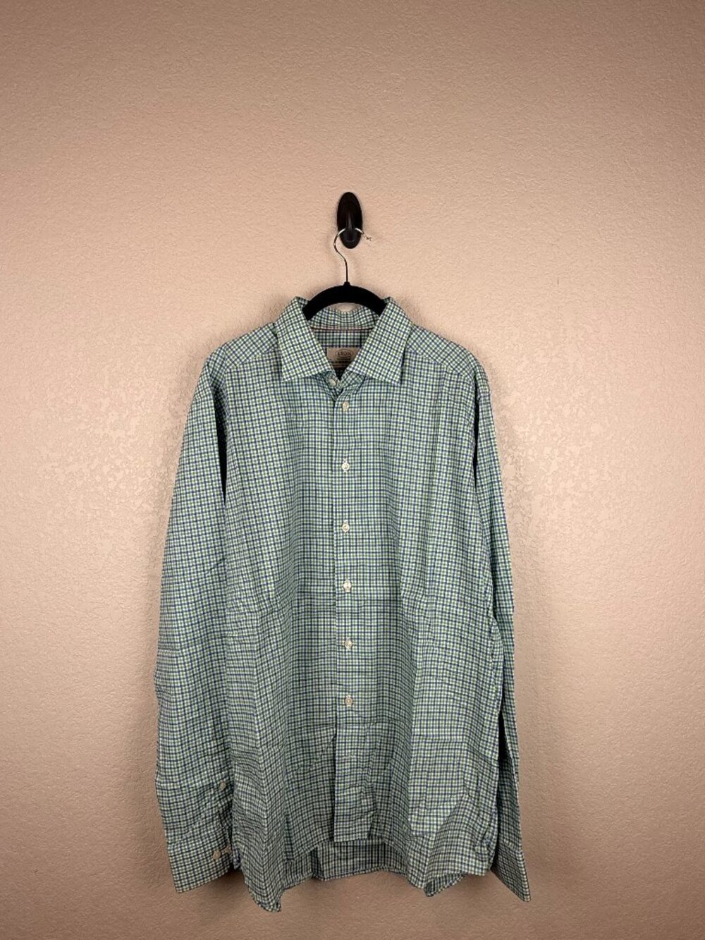 Eton Men's Blue Green Check Contemporary Fit Dress Shirt 43/17